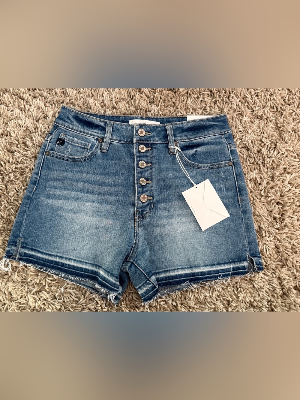 KanCan Distressed High-Rise Button-Fly Denim Shorts in Blue